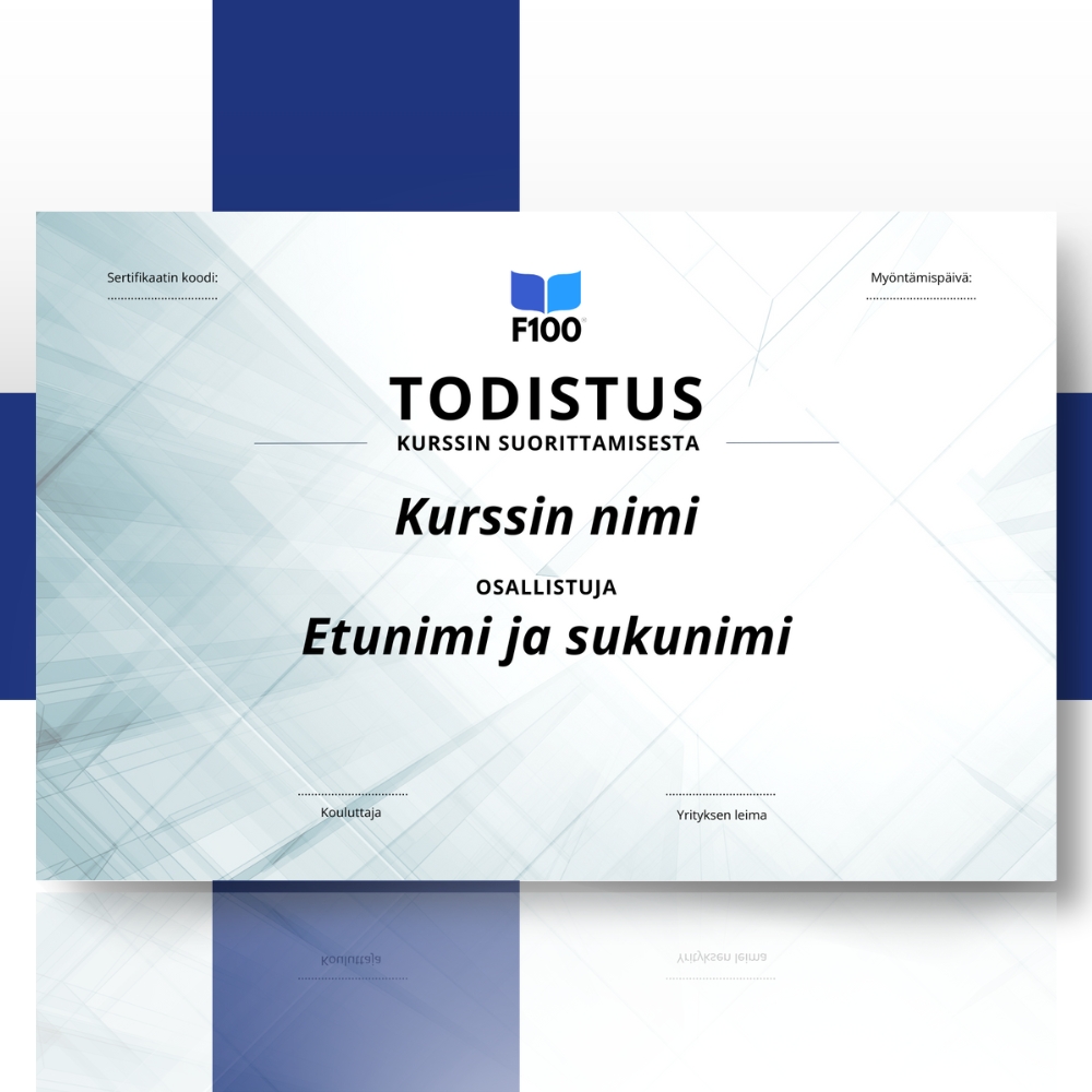 Wzór certyfikatu w języku fińskim F100 Kursy online