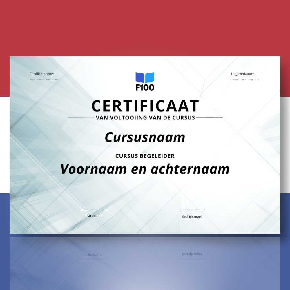 Wzór certyfikatu w języku holenderskim F100 Kursy online