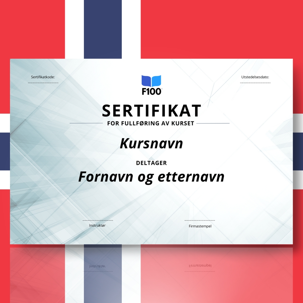 Wzór certyfikatu w języku norweskim F100 Kursy online