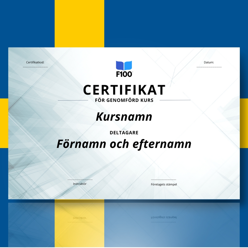 Wzór certyfikatu w języku szwedzkim F100 Kursy online